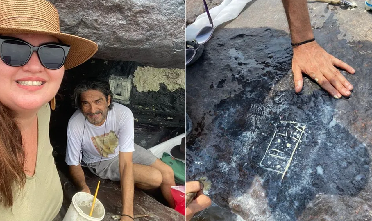 Pesquisadores fazem pintura em gravuras rupestres milenares reveladas pela seca do Rio Negro para 'ressaltar os atributos'