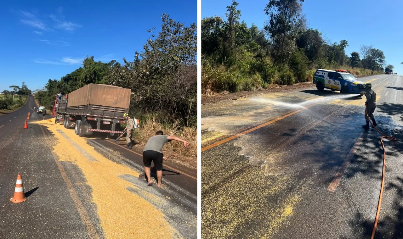 CAMINHÃO DERRAMA MILHO NA GO-164 E BOMBEIROS REALIZAM LIMPEZA DA PISTA