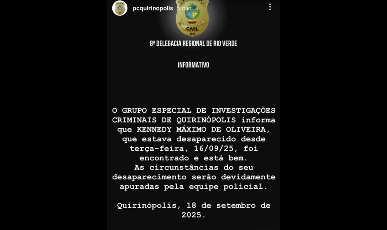 JOVEM DESAPARECIDO É ENCONTRADO EM QUIRINÓPOLIS