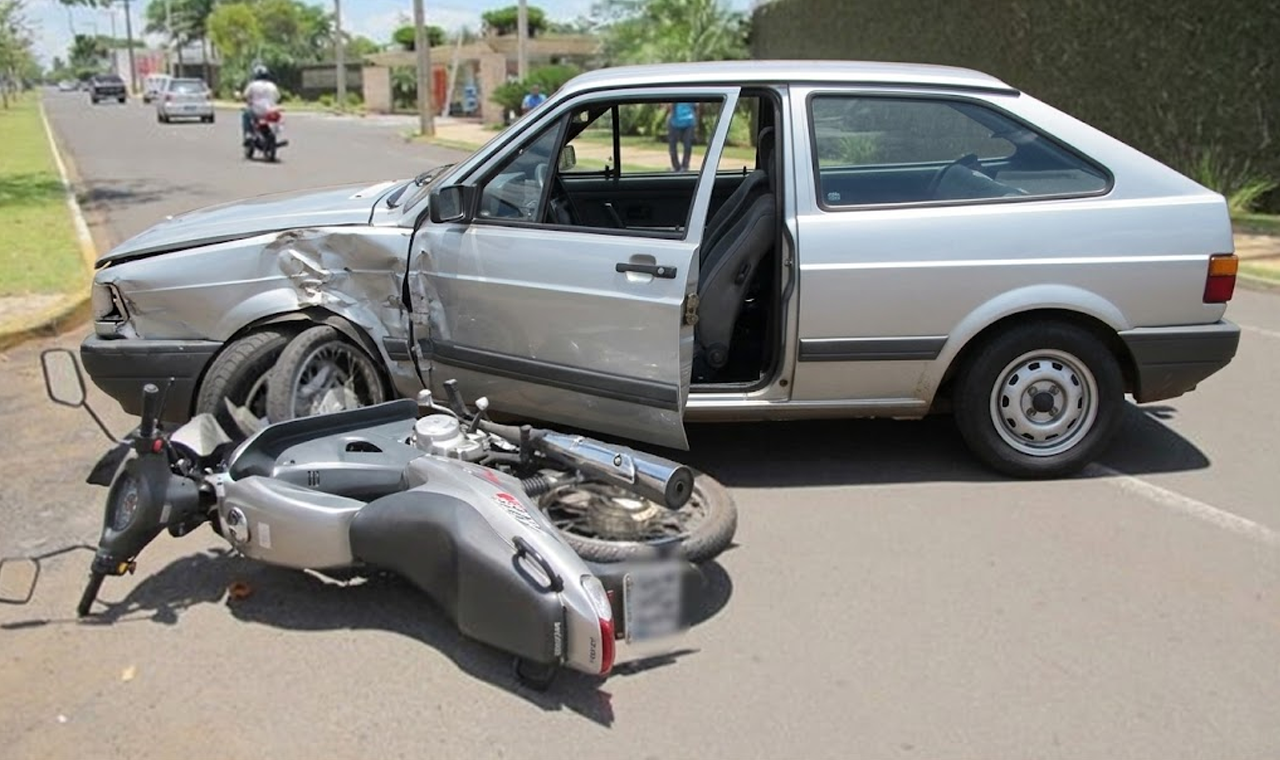MULHER FICA FERIDA EM ACIDENTE ENTRE CARRO E MOTO NO CENTRO DE QUIRINÓPOLIS